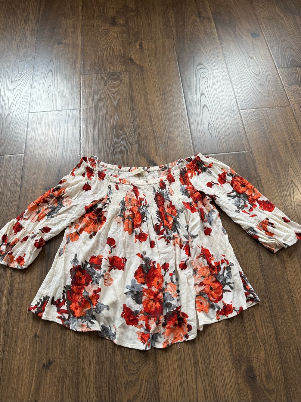 Altar'd State White Off-Shoulder Blouse with Red & Orange Floral Print